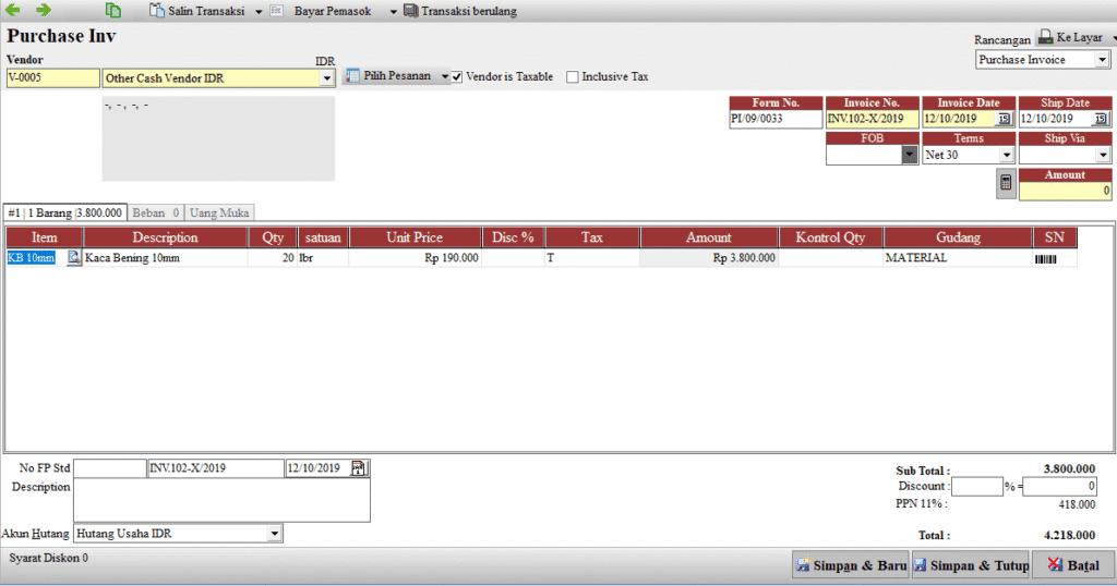 Detail Tabel Formulir Purchase Invoice pada Accurate