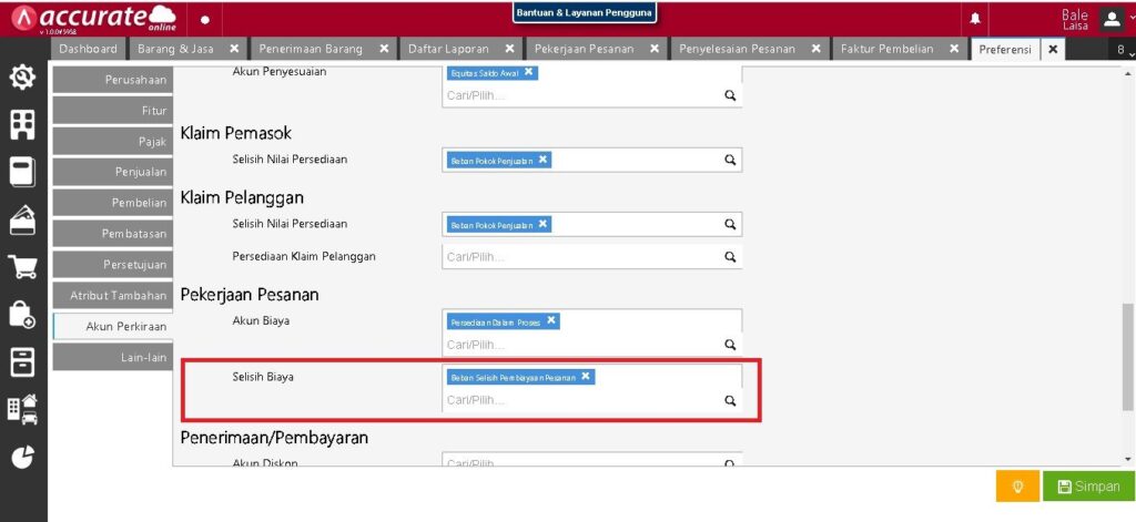 Selisih Transaksi Pekerjaan Pesanan di Accurate Online x