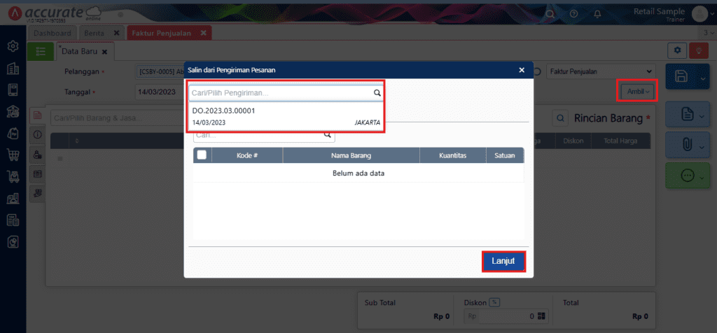 Faktur Penjualan Tarik dari Pengiriman di Accurate Online x